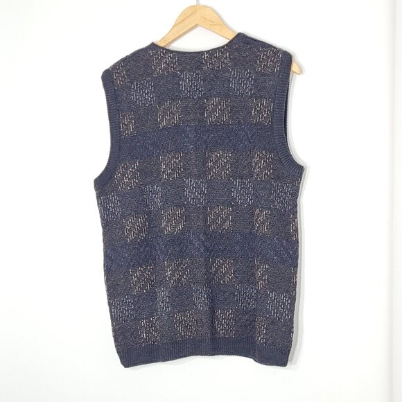 Retreat Vintage Men's Purple Tan Grey Plaid Sleeveless Button Down Knitted Vest - Picture 2 of 11